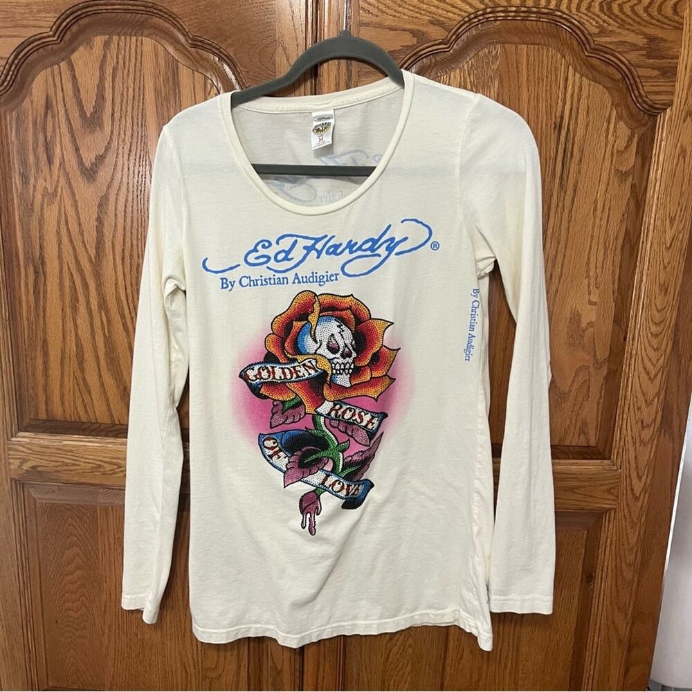 Ed Hardy VTG Women’s Medium Golden Rose of Love Graphic LS Off White Y2K Artsy